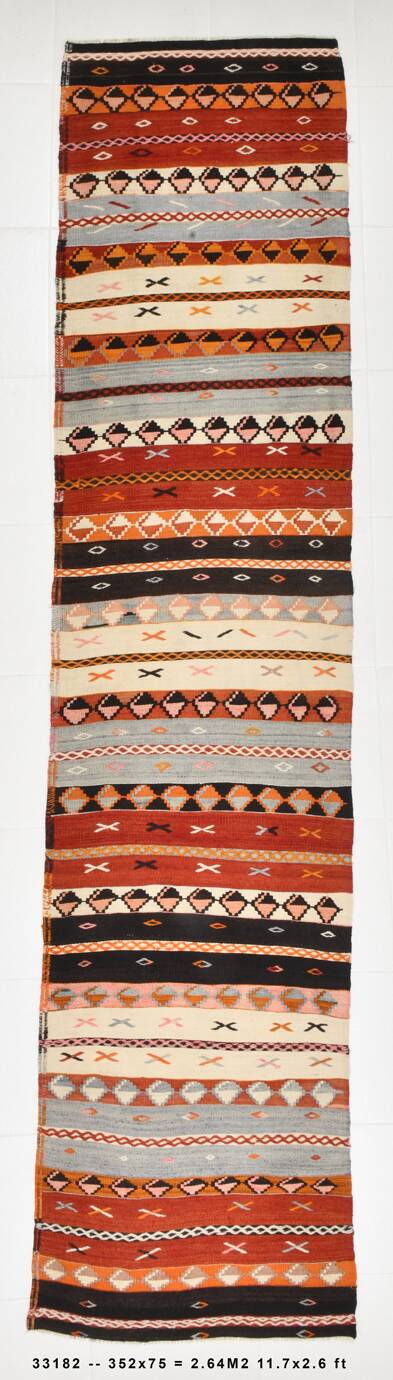 3x12 Turkish Vintage Kilim Runner Rug, Aesthetic Decor Rug, 75x352Cm