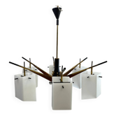 Six-armed chandelier with frosted glass lampshade, Stilux, Italy, 1960s.