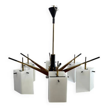 Six-armed chandelier with frosted glass lampshade, Stilux, Italy, 1960s.