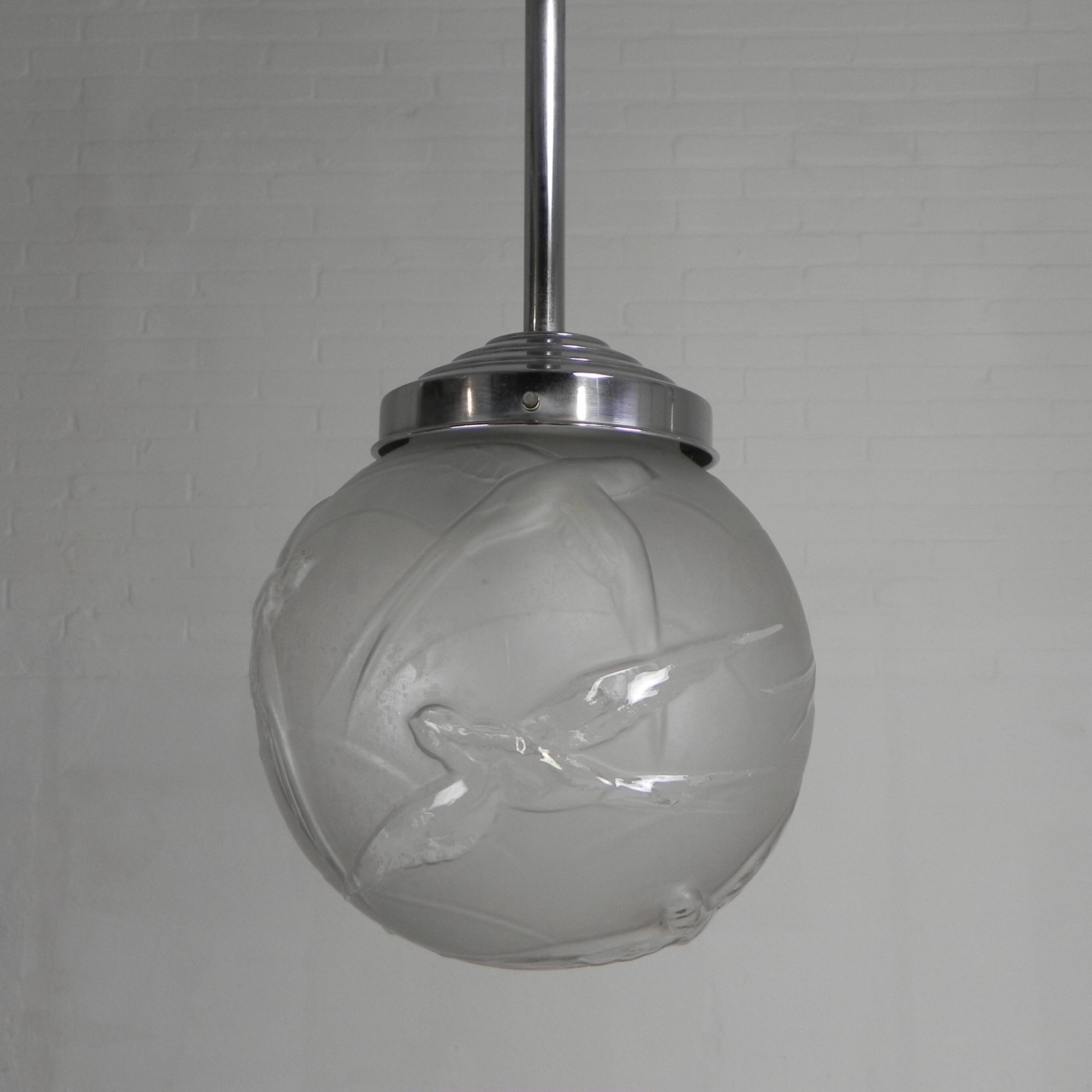 Art Deco pendant light with engraved glass globe and birds, 1930s