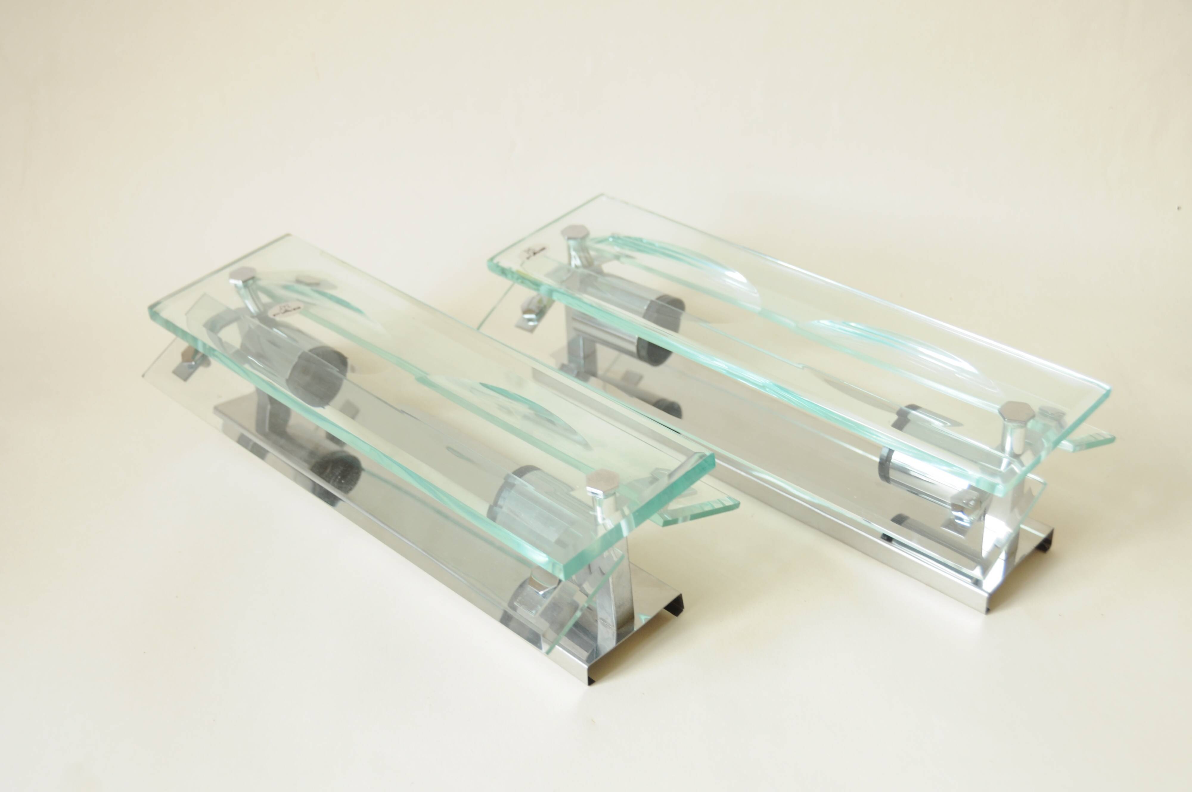 Pair of vintage glass and chrome wall sconces