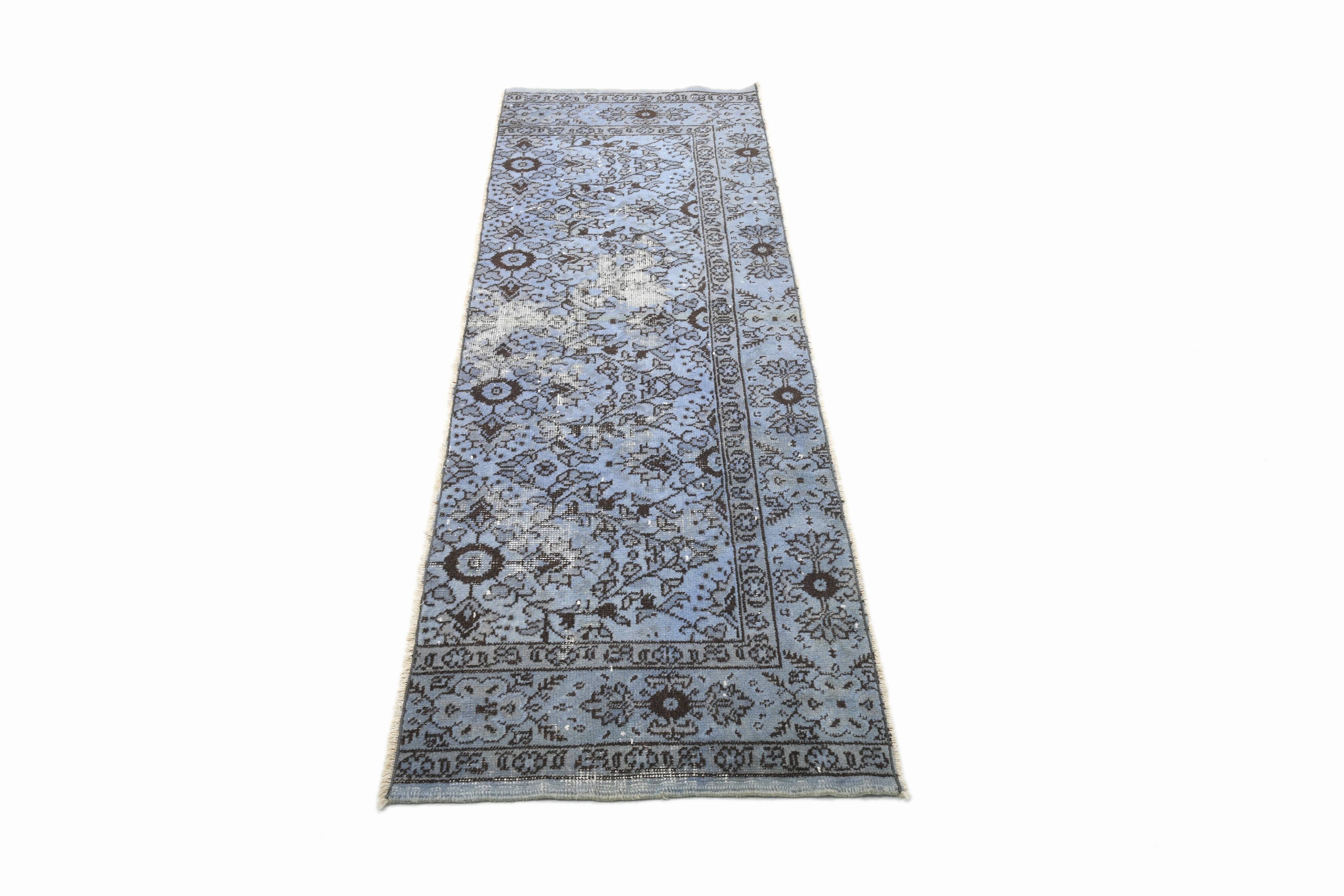 Turkish All-Over Floral Light Blue Vintage Runner Rug, 61x207Cm