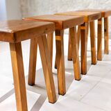 Set of 4 pine wood stools by Charlotte Perriand for Les Arcs 1800