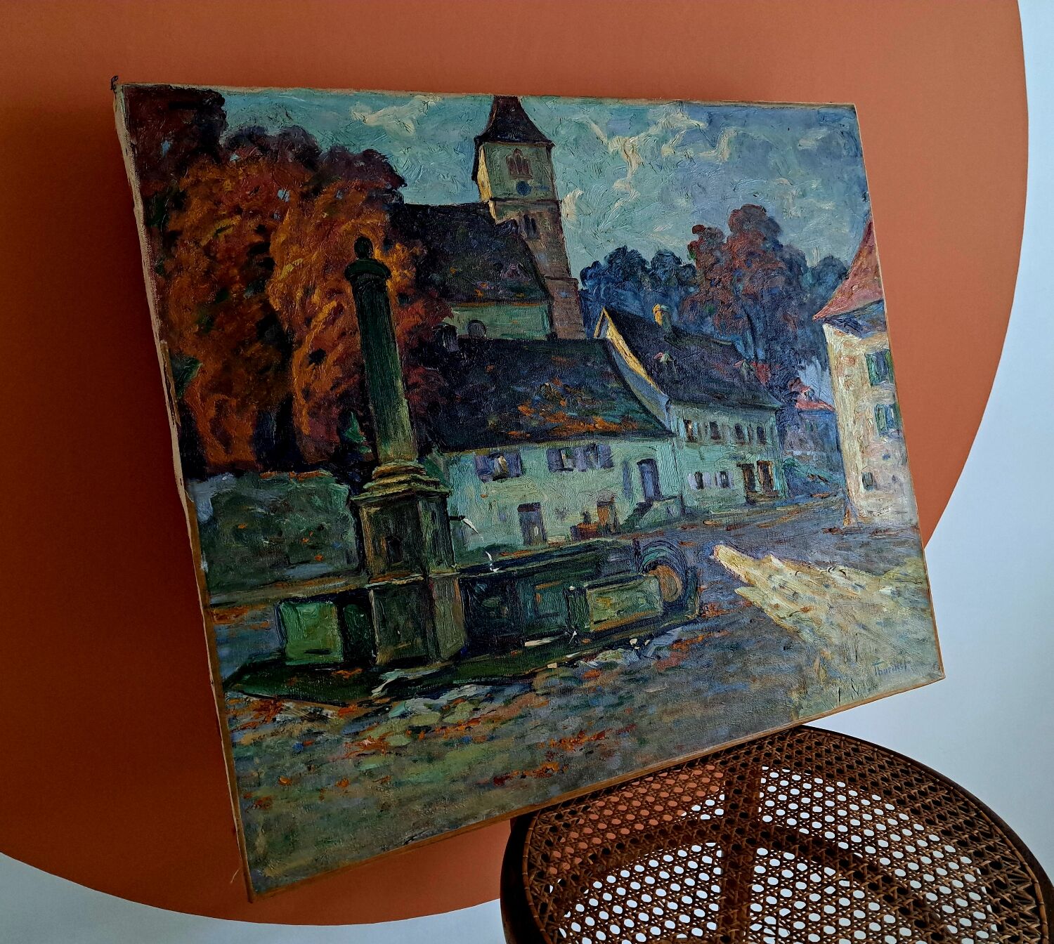 Oil on canvas Place de vilage fontaine