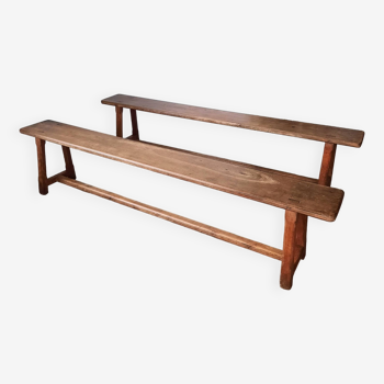 Set of 2 old oak farm benches L 200