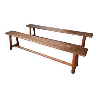 Set of 2 old oak farm benches L 200