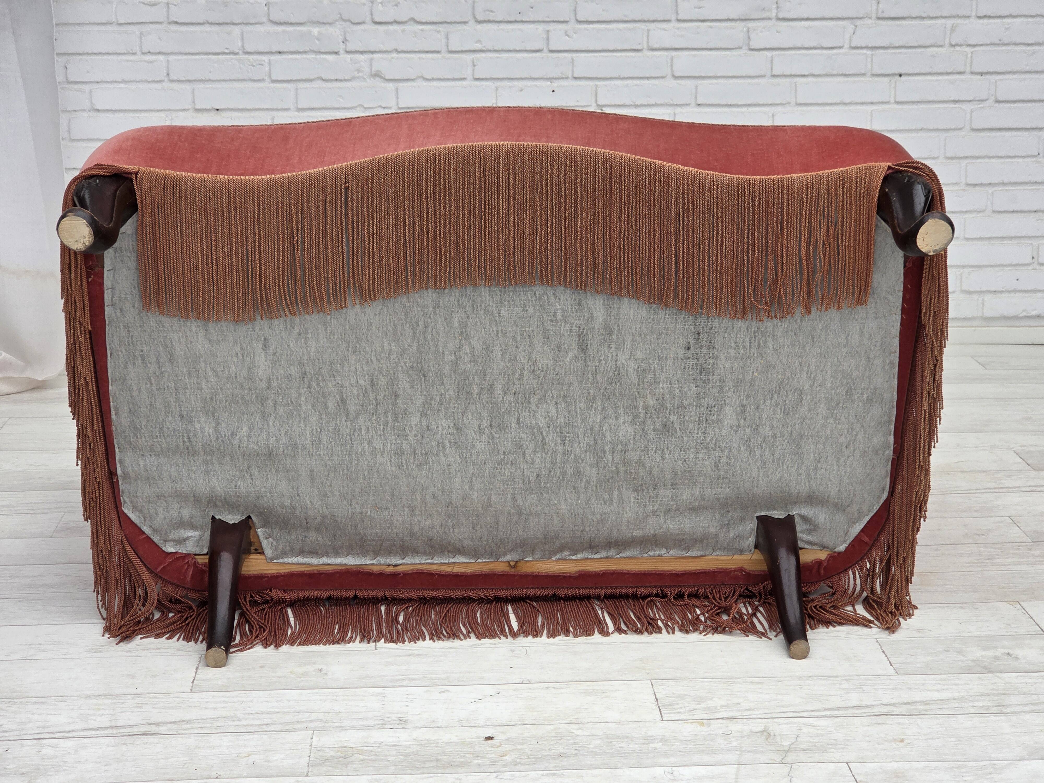 1950s, Danish 2-seater sofa, salmon pink furniture velour, ash wood.