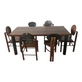 6 chaises et table à manger brutalistes en teck et acier patiné, années 1960