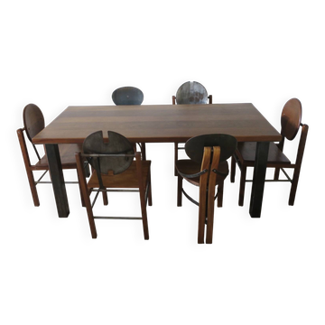 Brutalist 6 chairs and dining table in teak and patinated steel, 1960s