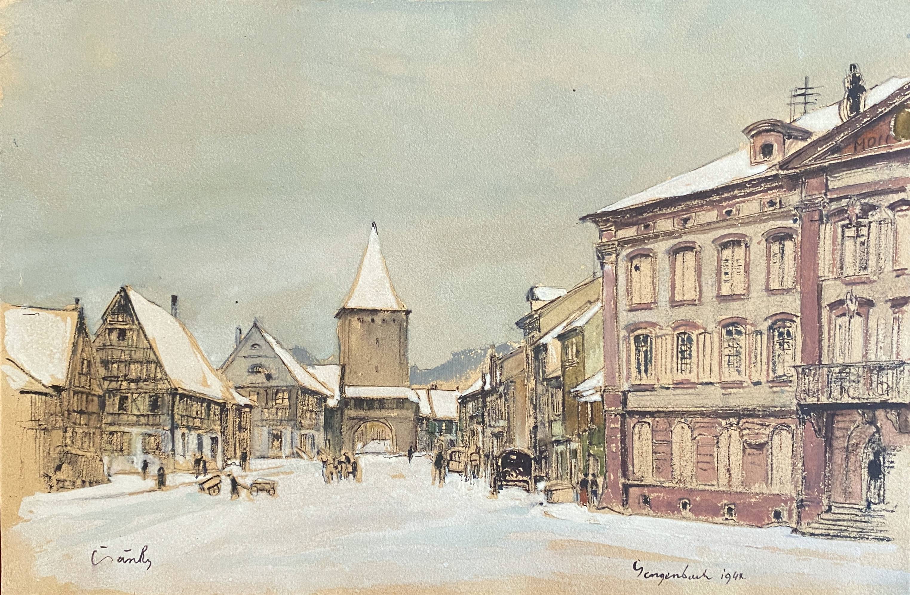 Watercolor painting "Gengenbach" in 1942 Germany signed Greinke (?)