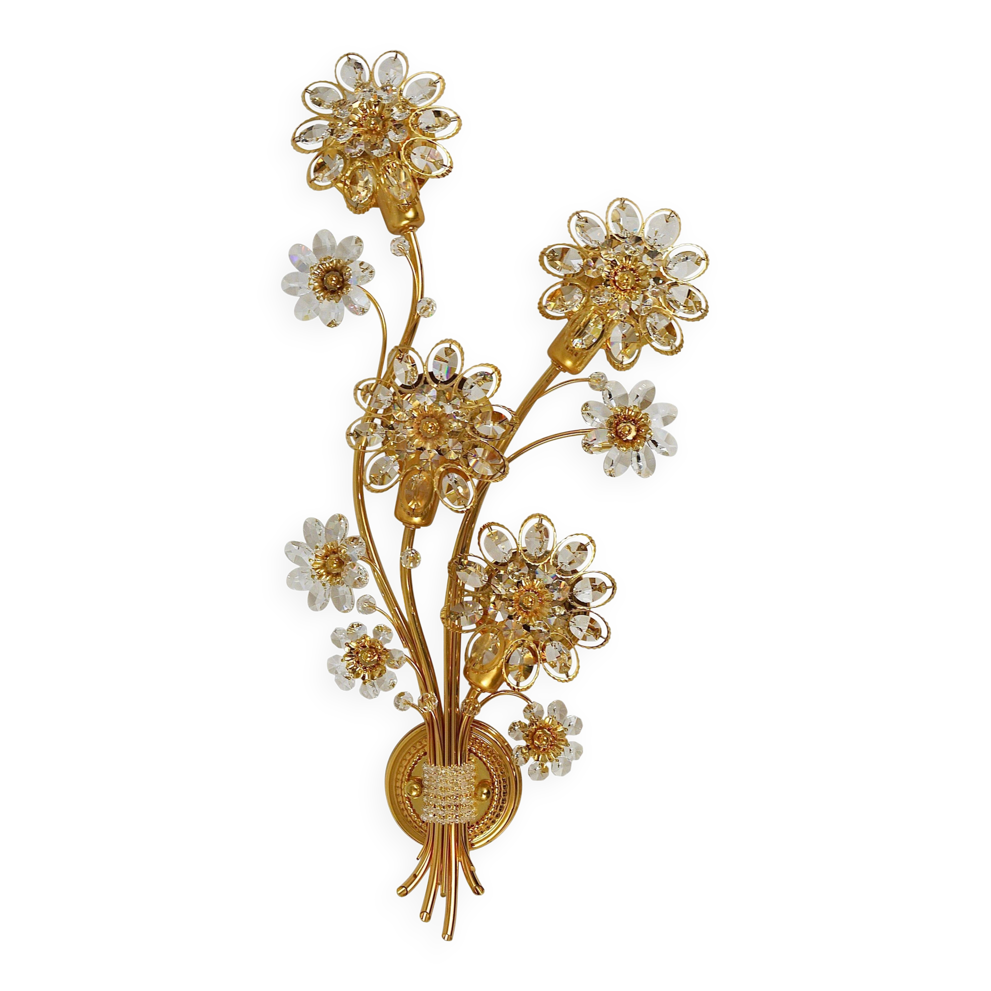 Large wall lamp in gilded brass, Palwa flowers by Ernst Palme, 1970s.