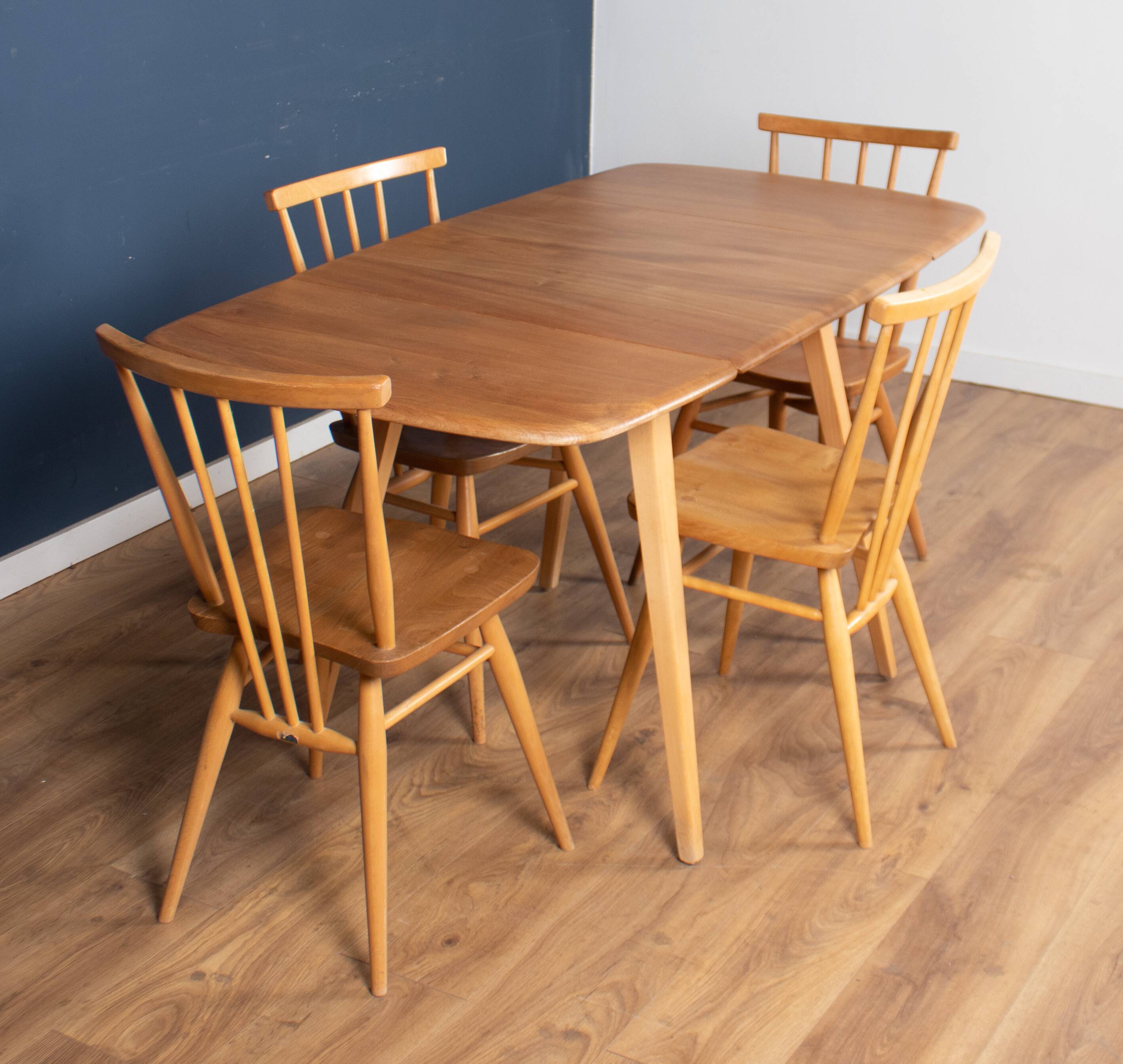 Retro Blonde Ercol Model 383 Dining Table & Four Stick Back Kitchen Dining Chairs