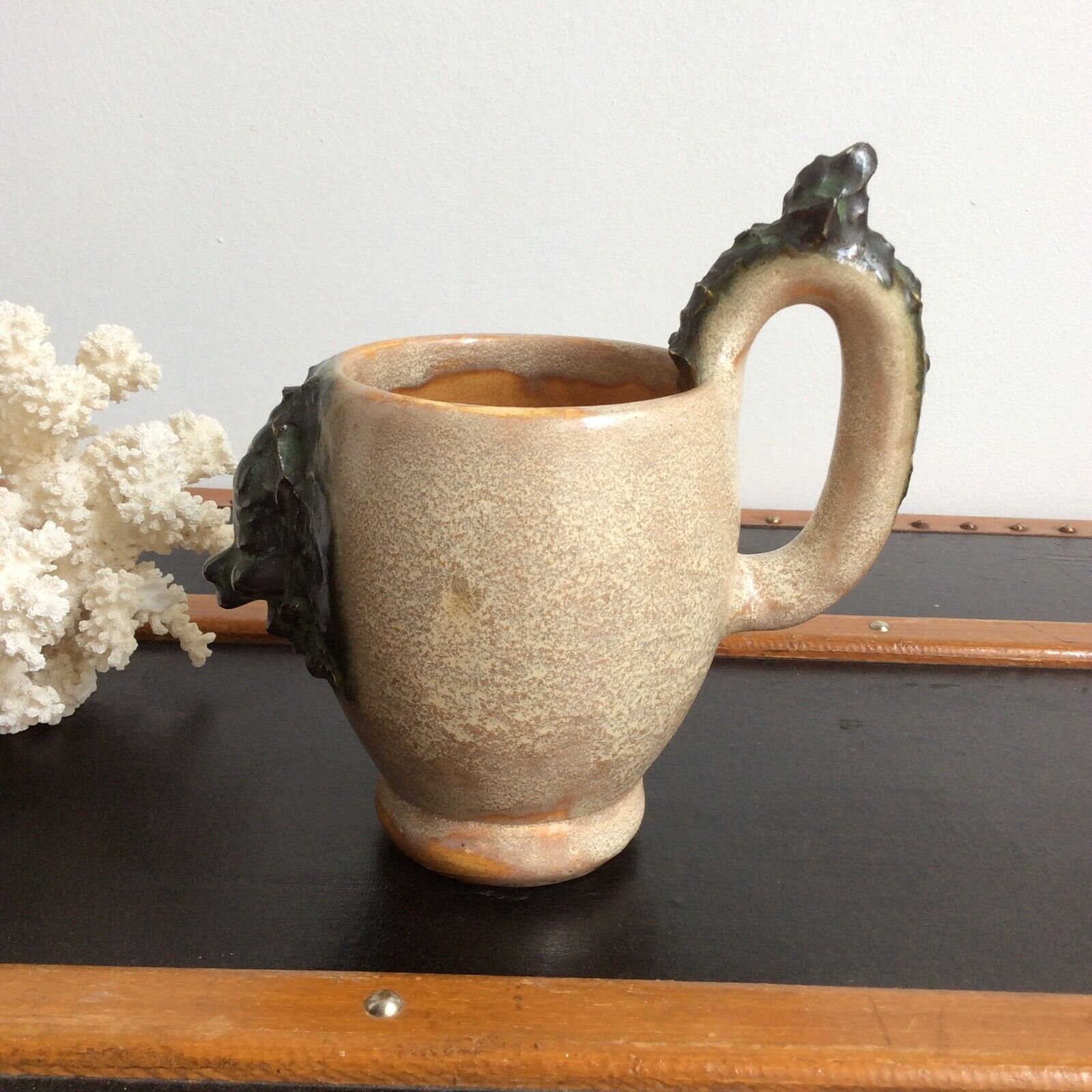 Mug cup with laughing face in sandstone Sylvain Sttublet vintage ceramic 1950