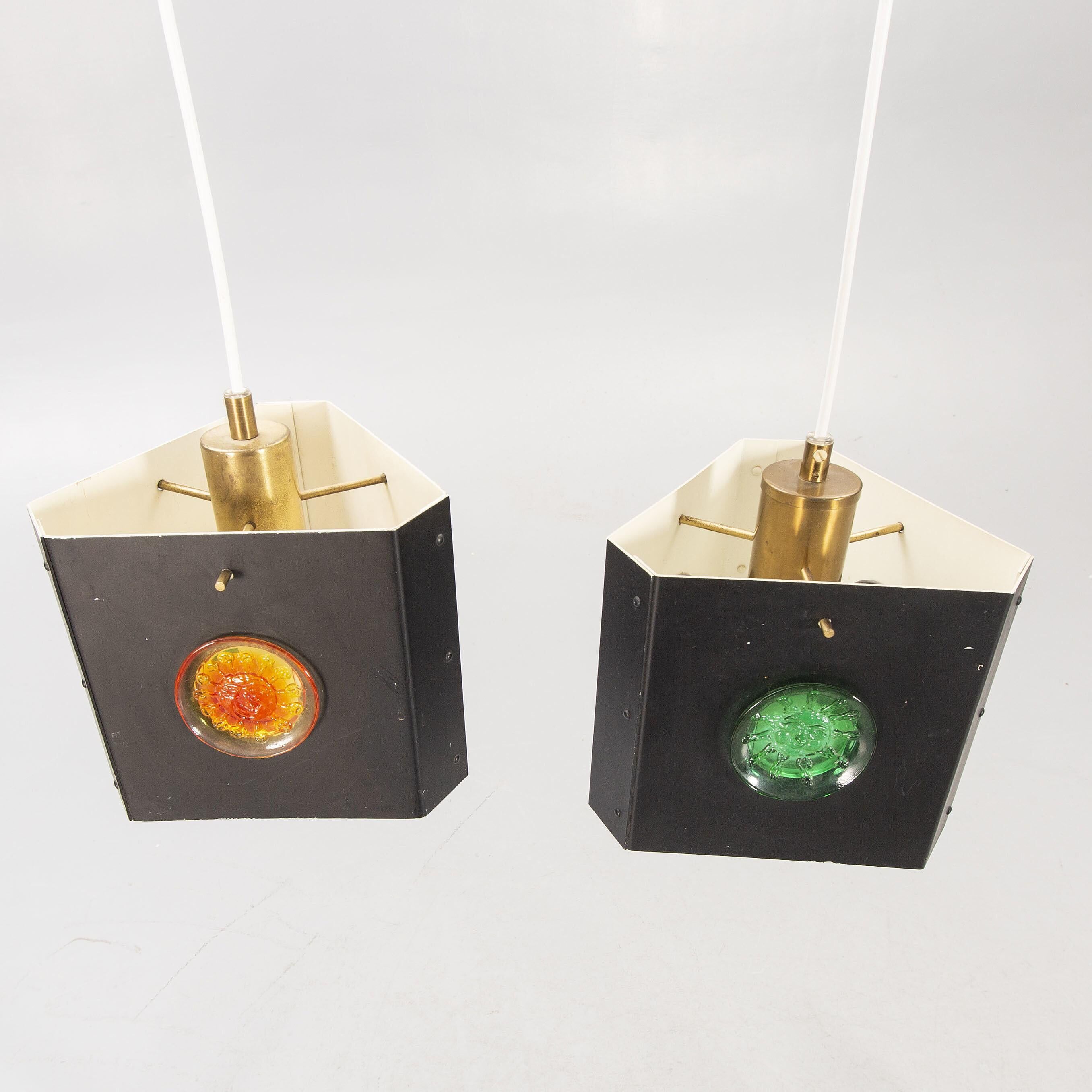 Pair of triangular pendant lamps by Hans Bergstrom, Sweden, 1950.