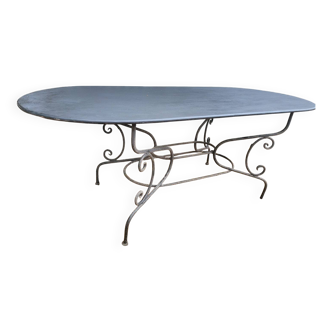 Large oval wrought iron table – restored top – 200 x 90 cm