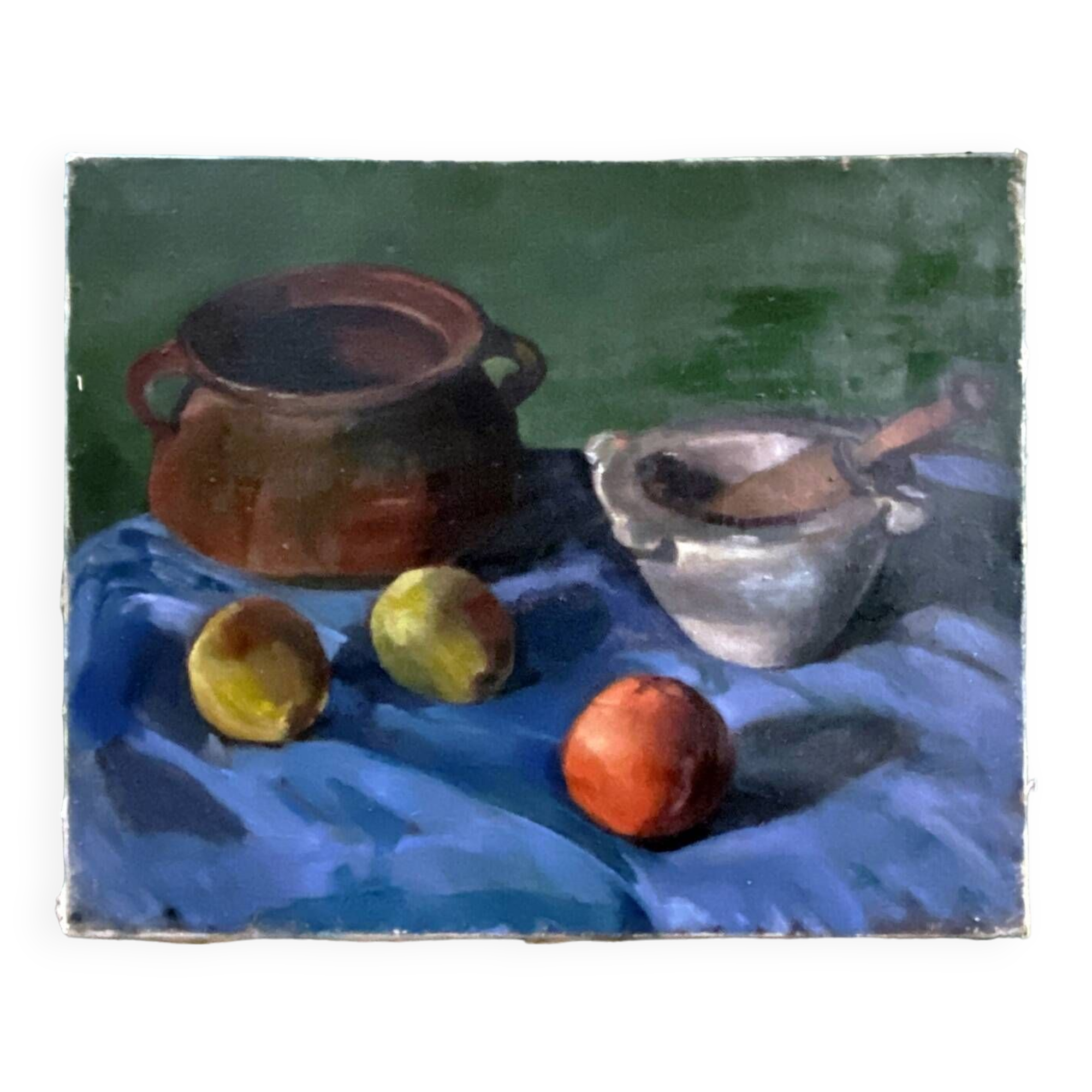 Early 20th century painting "Pot, apples and pestle"