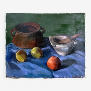 Early 20th century painting "Pot, apples and pestle"