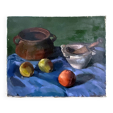 Early 20th century painting "Pot, apples and pestle"