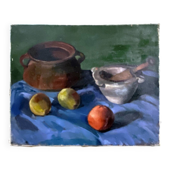 Early 20th century painting "Pot, apples and pestle"