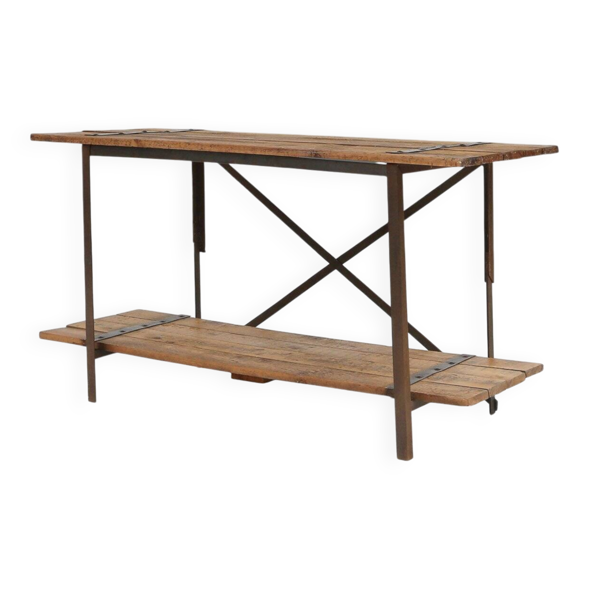 Industrial Side Table with Metal Frame and Wooden Top and Removable Platfor