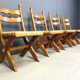 Vintage oak and wicker brutalist chairs, 1960s - set of 6