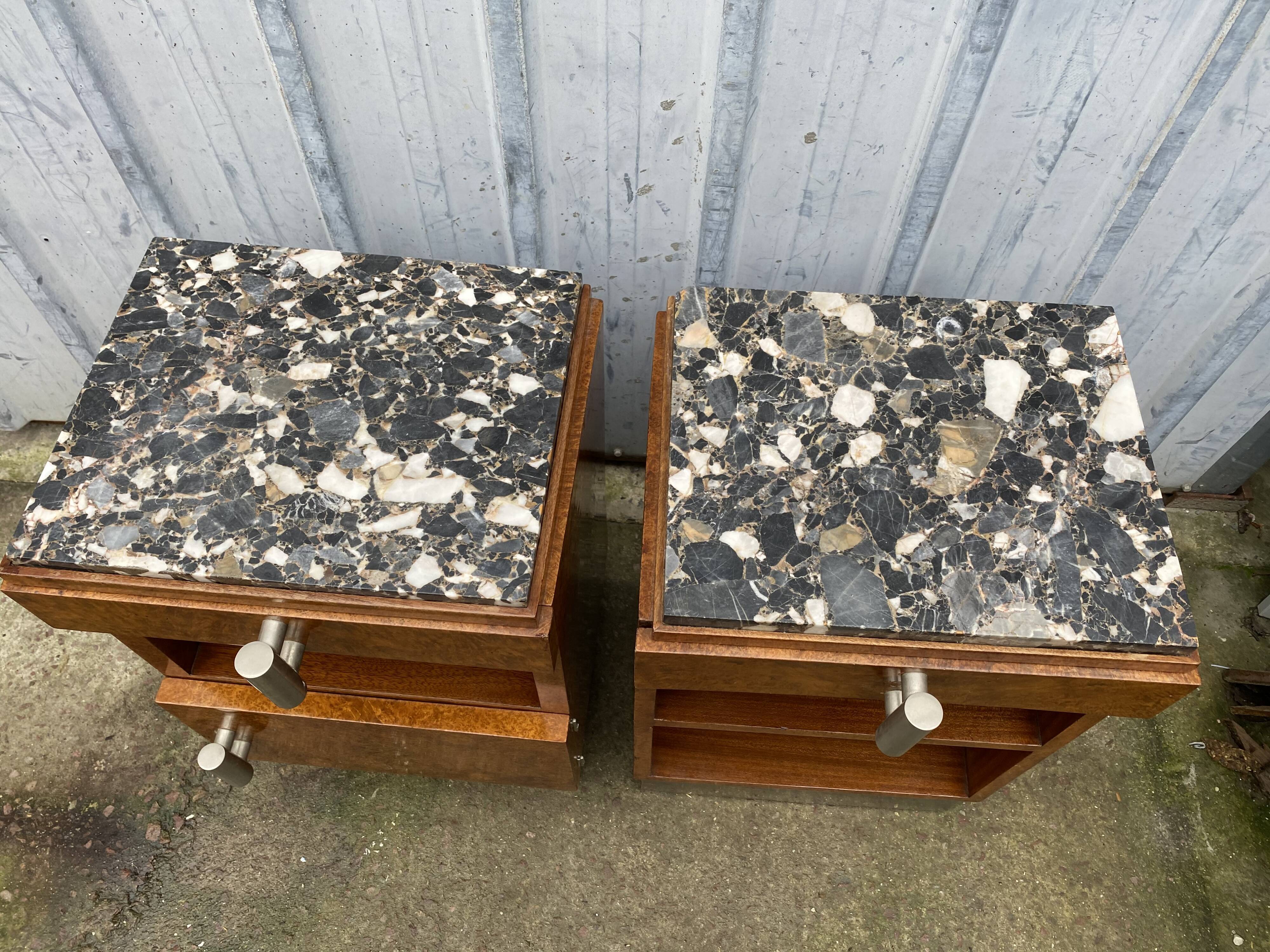 Pair of bedside table night art deco style elm and marble magnifying glass