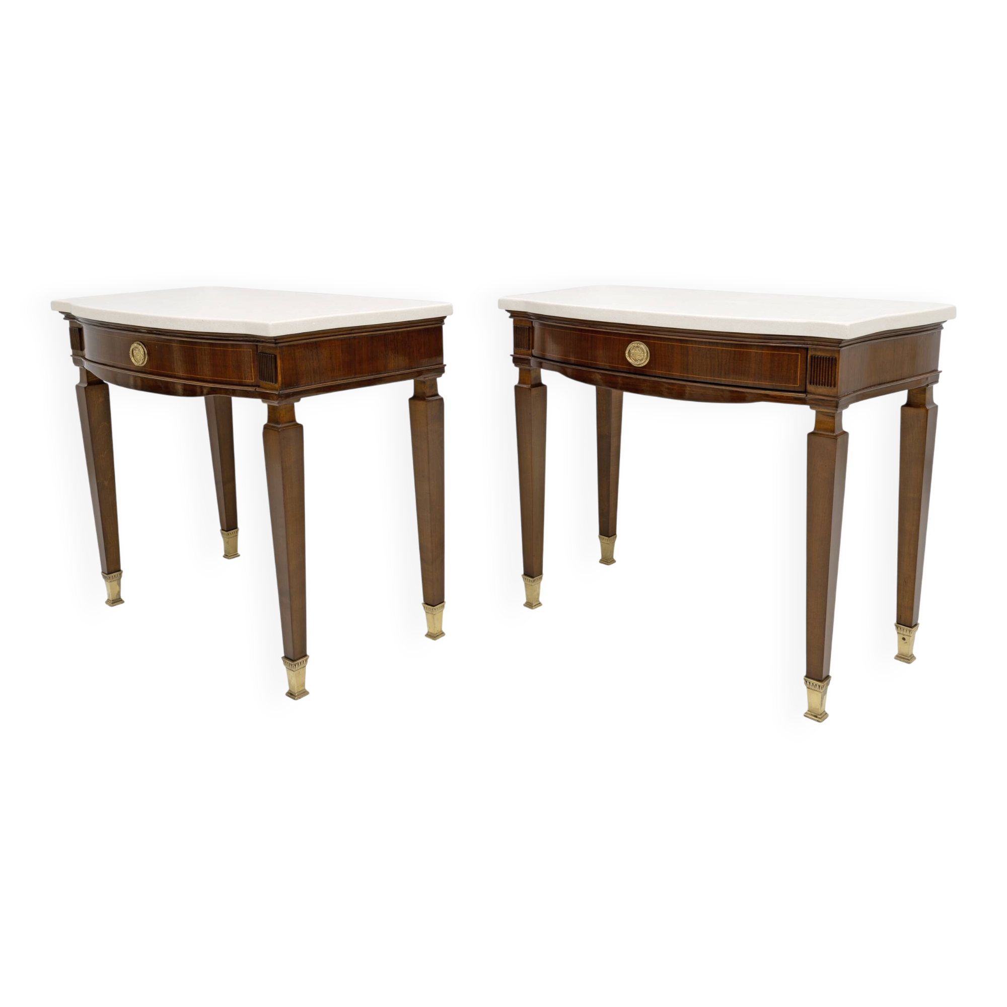 Pair of Neoclassical Style Marble and Mahogany Bedside Tables