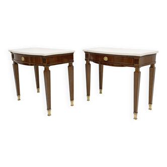 Pair of Neoclassical Style Marble and Mahogany Bedside Tables