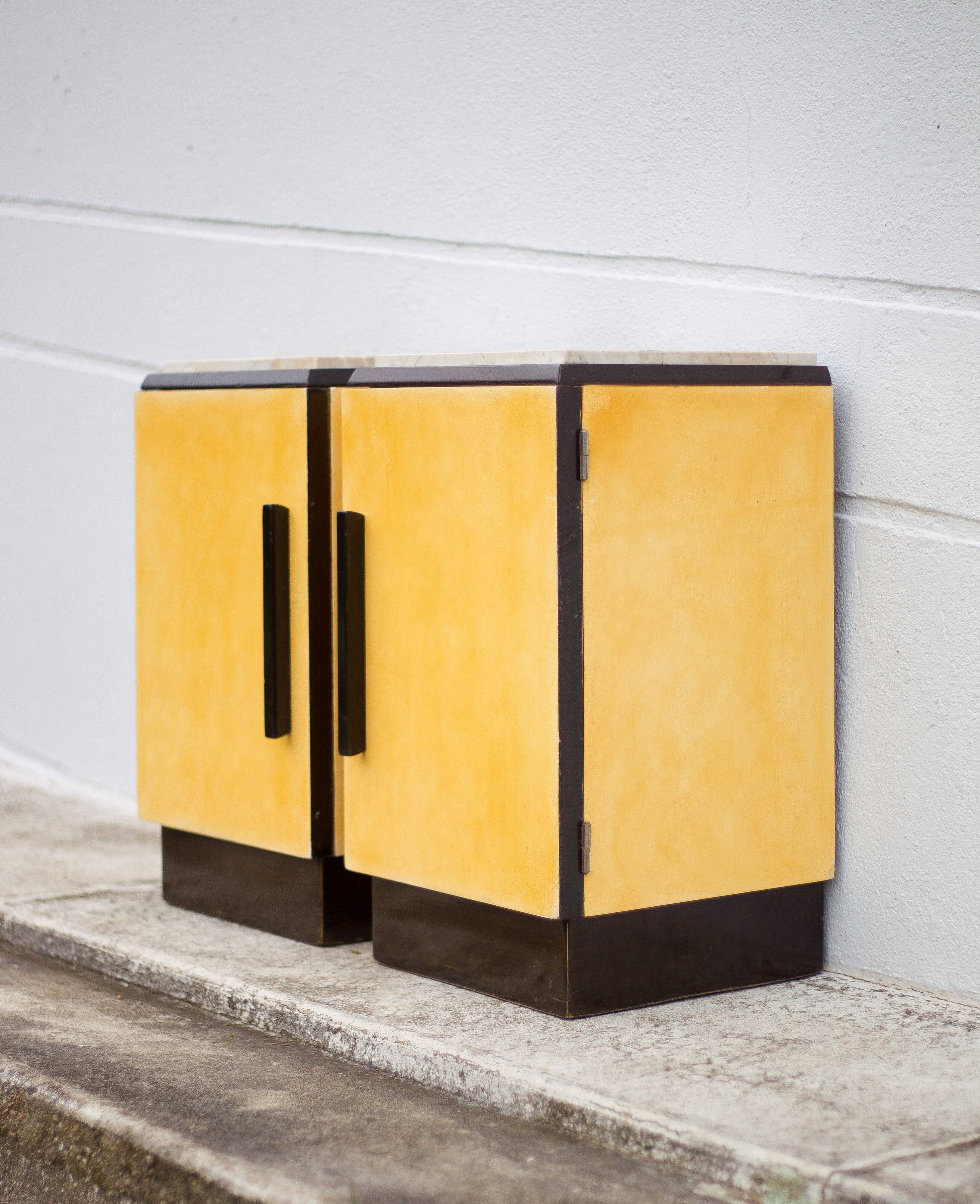 Pair of lacquered wood nightstands with brand plate, vintage bedside table, bedroom furniture