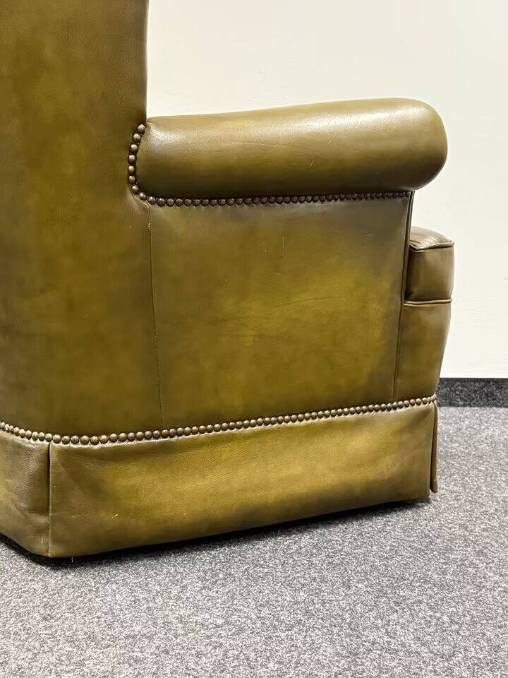 Original English Chesterfield Wingback Chair & Footstool -Retro Green