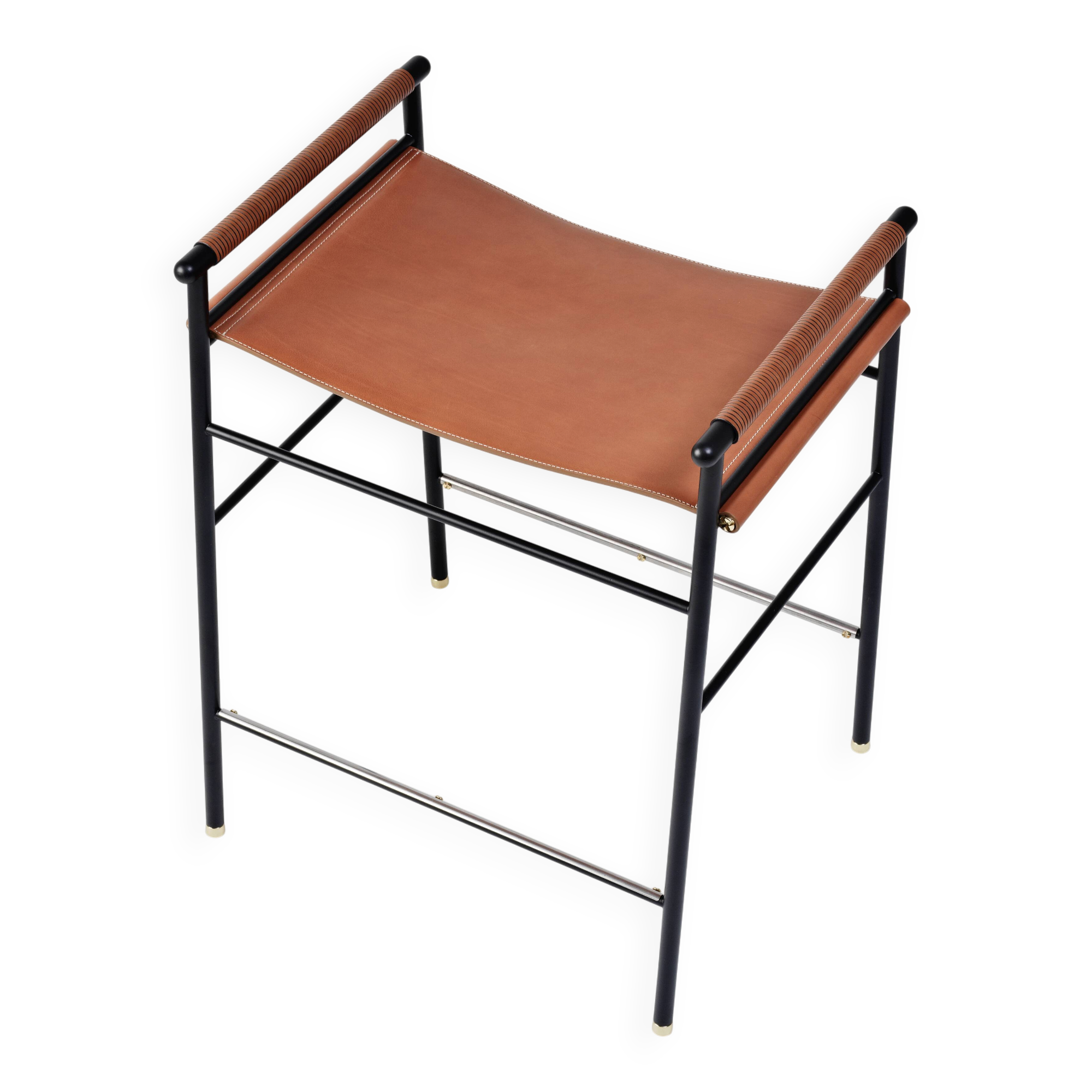 Classic and contemporary bar stool, natural brown leather and metal.