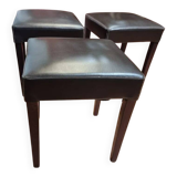 Brown leather square stool with wooden legs – padded seat