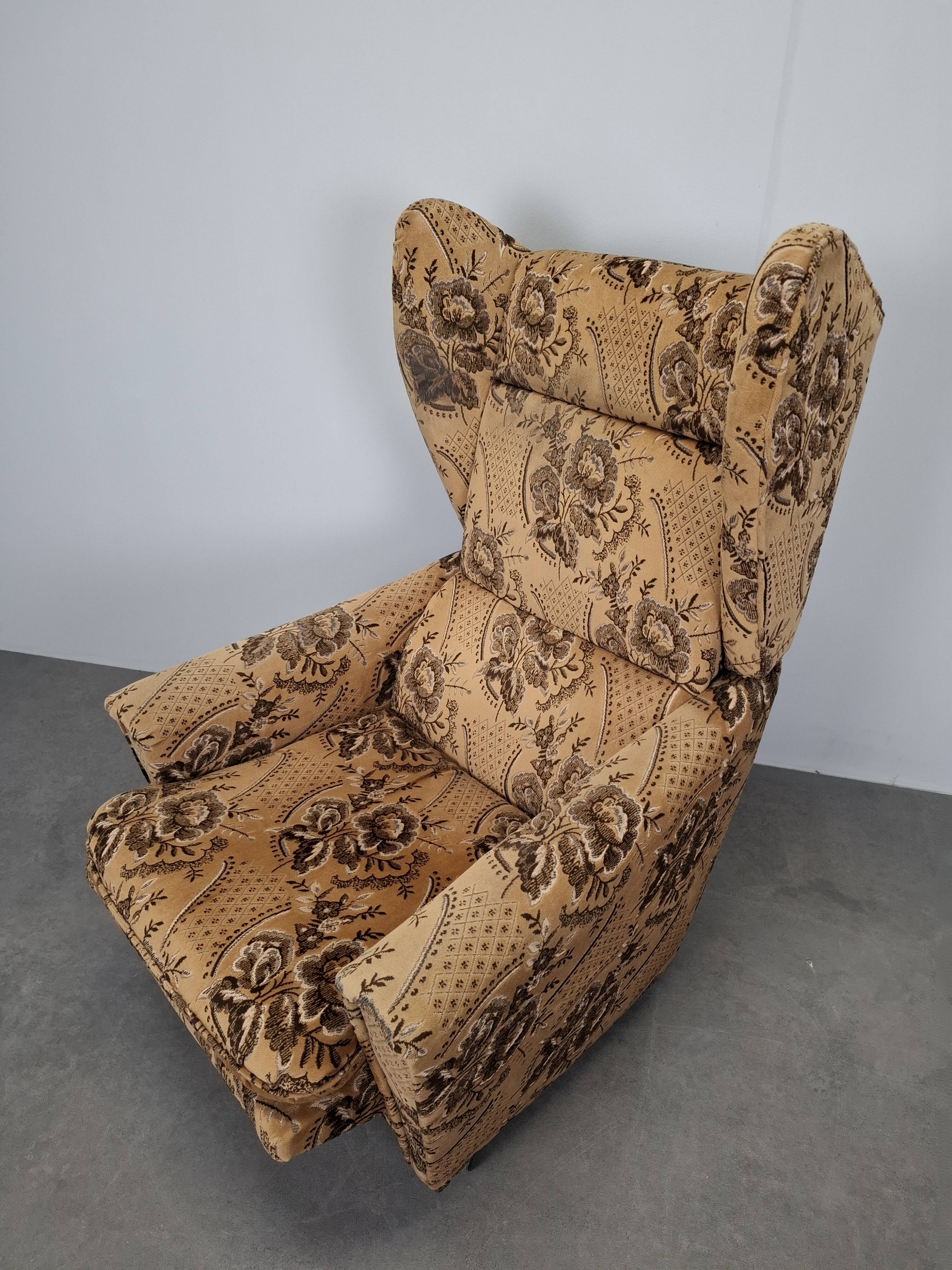 Mid-Century Czechoslovak Plush Wingback Recliner Chair, 1970s