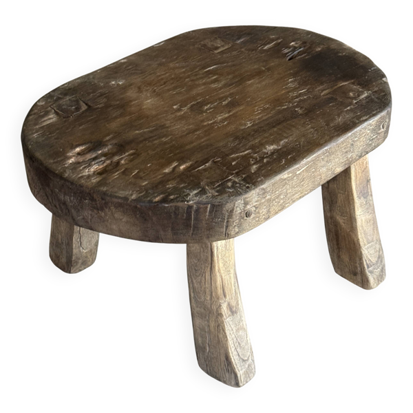 Petit stool, tabouret d'appoint en teck massif ovale wabi-sabi H26 47x33