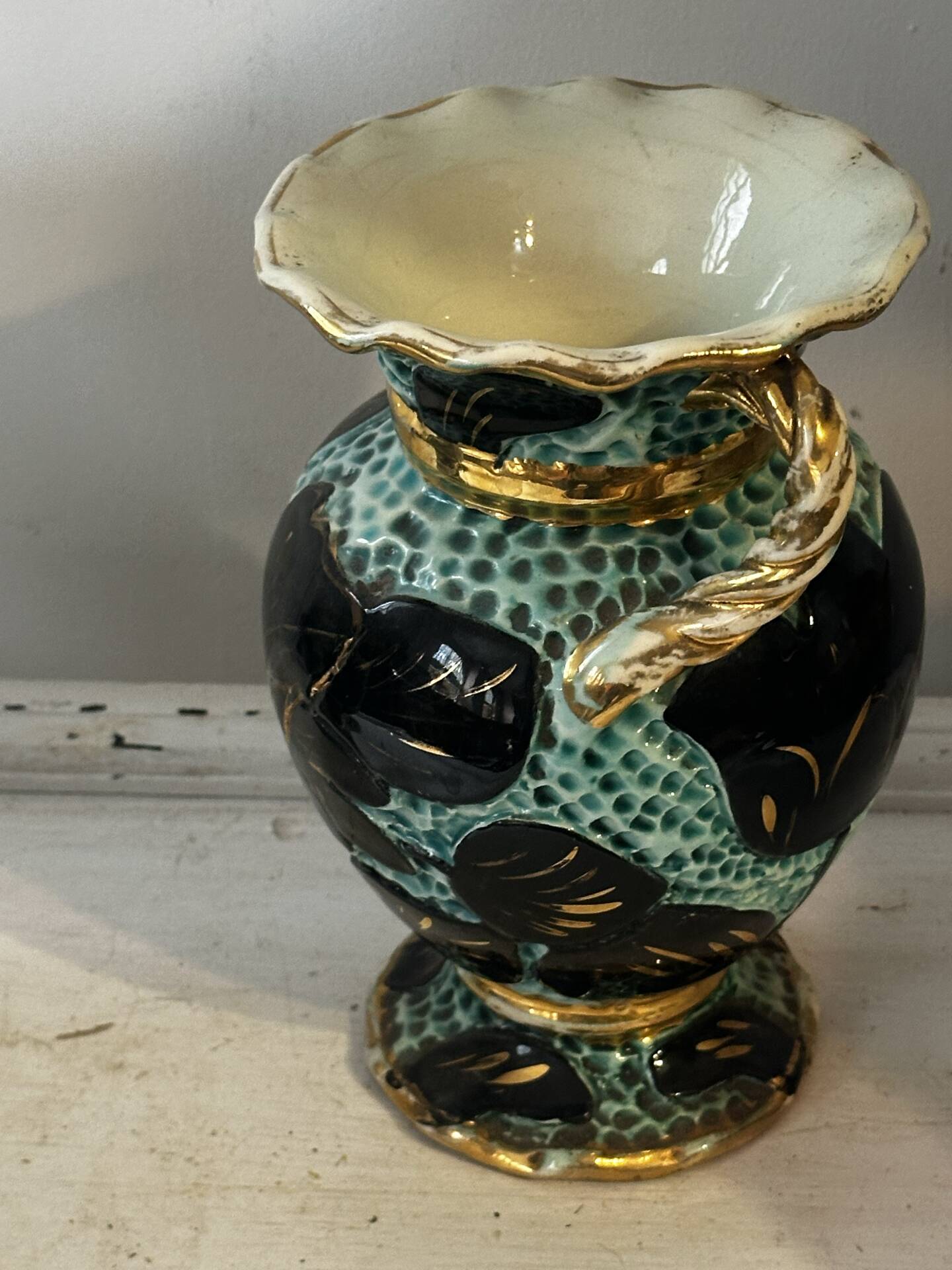 Pair of Vallauris vases in turquoise and black ceramic enhanced with o
