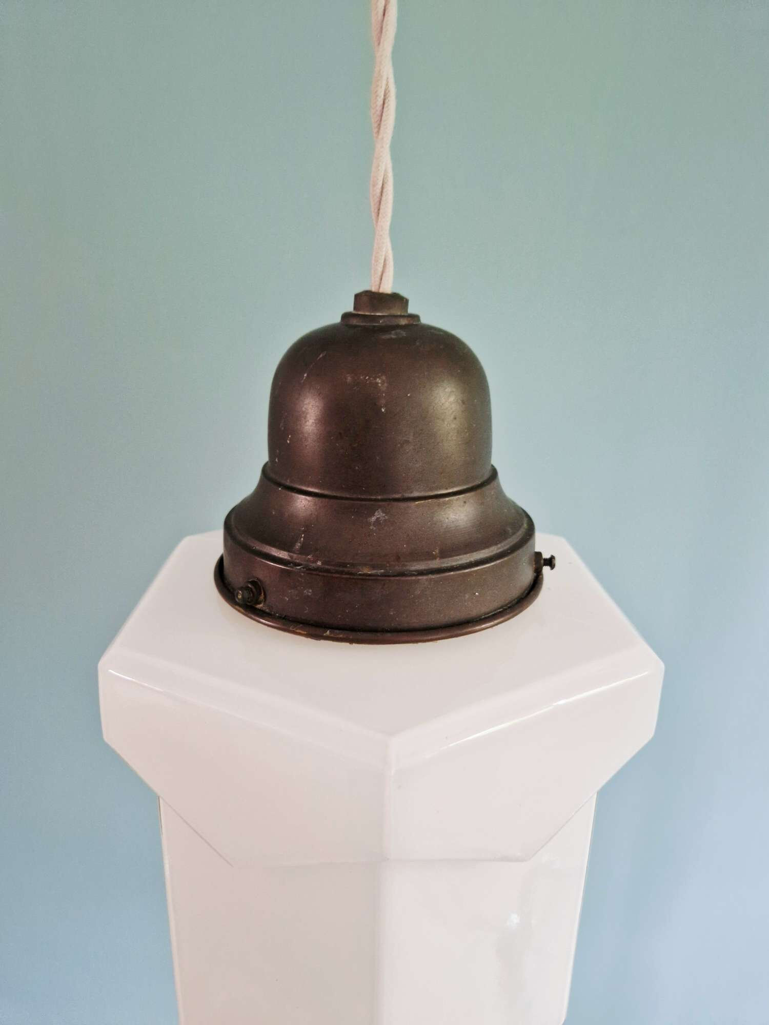 Art Deco skyscraper pendant lamp in white opaline, 1920-30