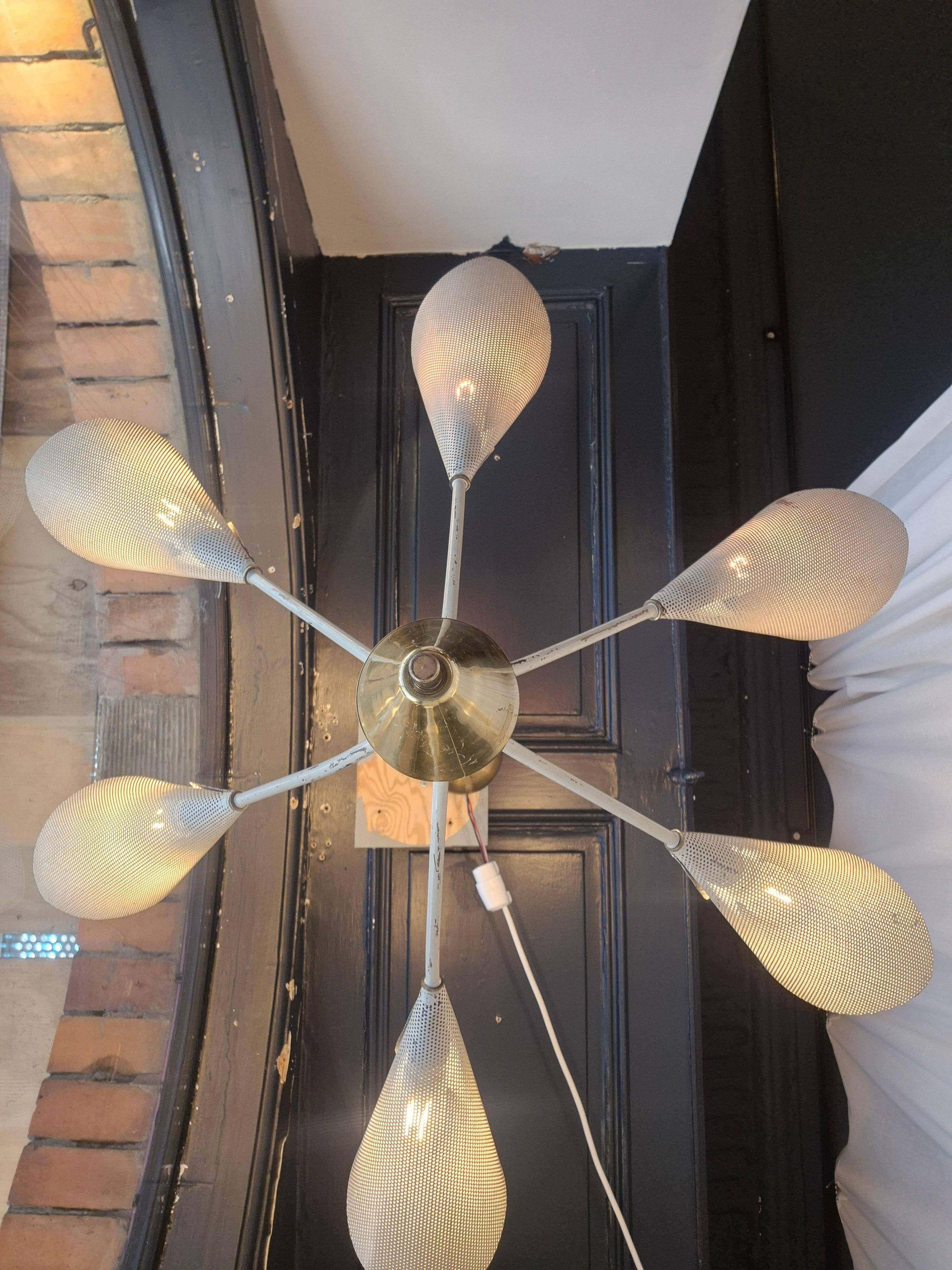 Elegant Chandelier with Six Arms, Perforated Metal Shade, Midcentury Modern