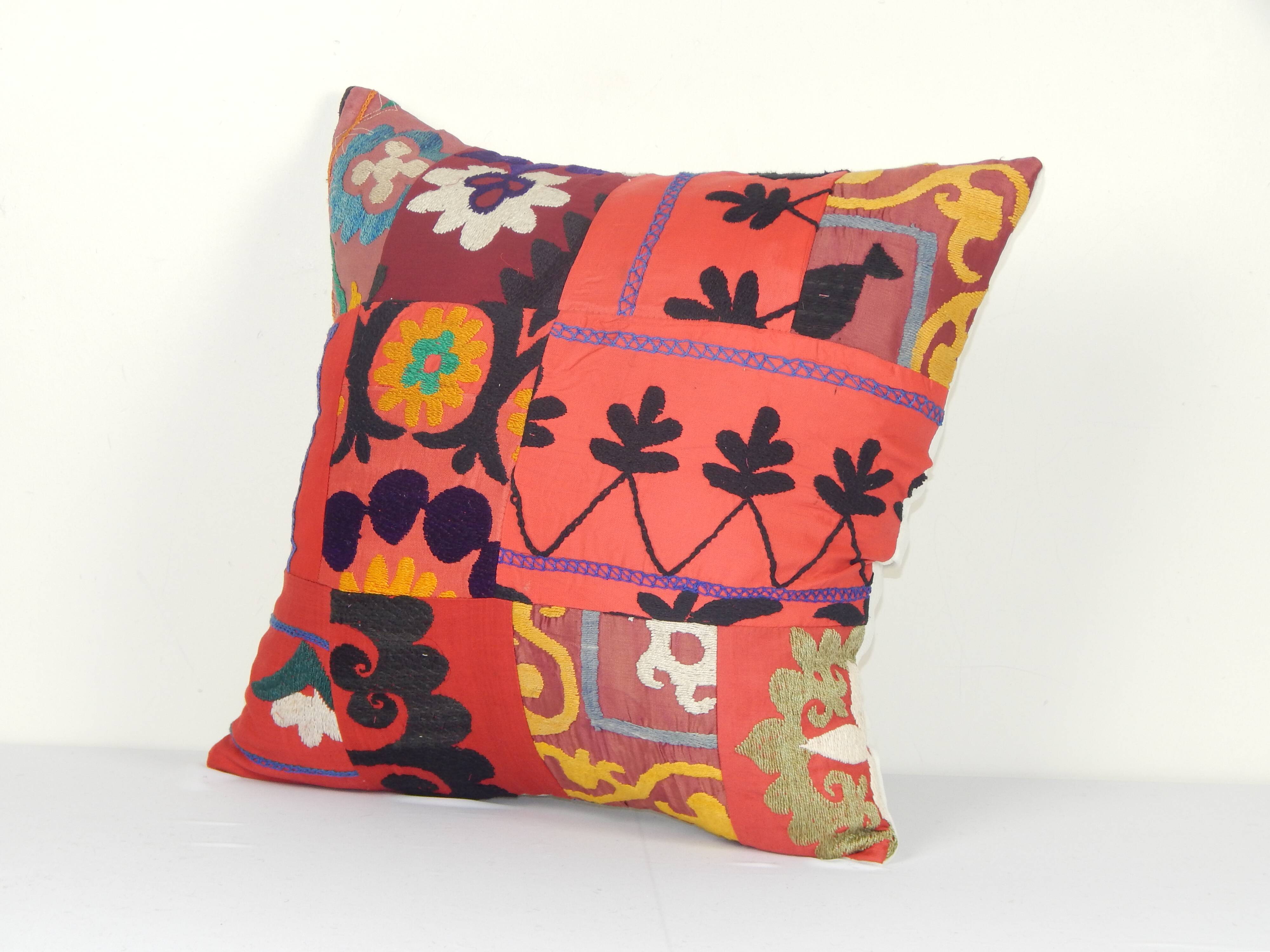 Vintage Embroidered Suzani Patchwork Pillow, Rustic Turkish Home Decor Pillow 20" X 20" AS94