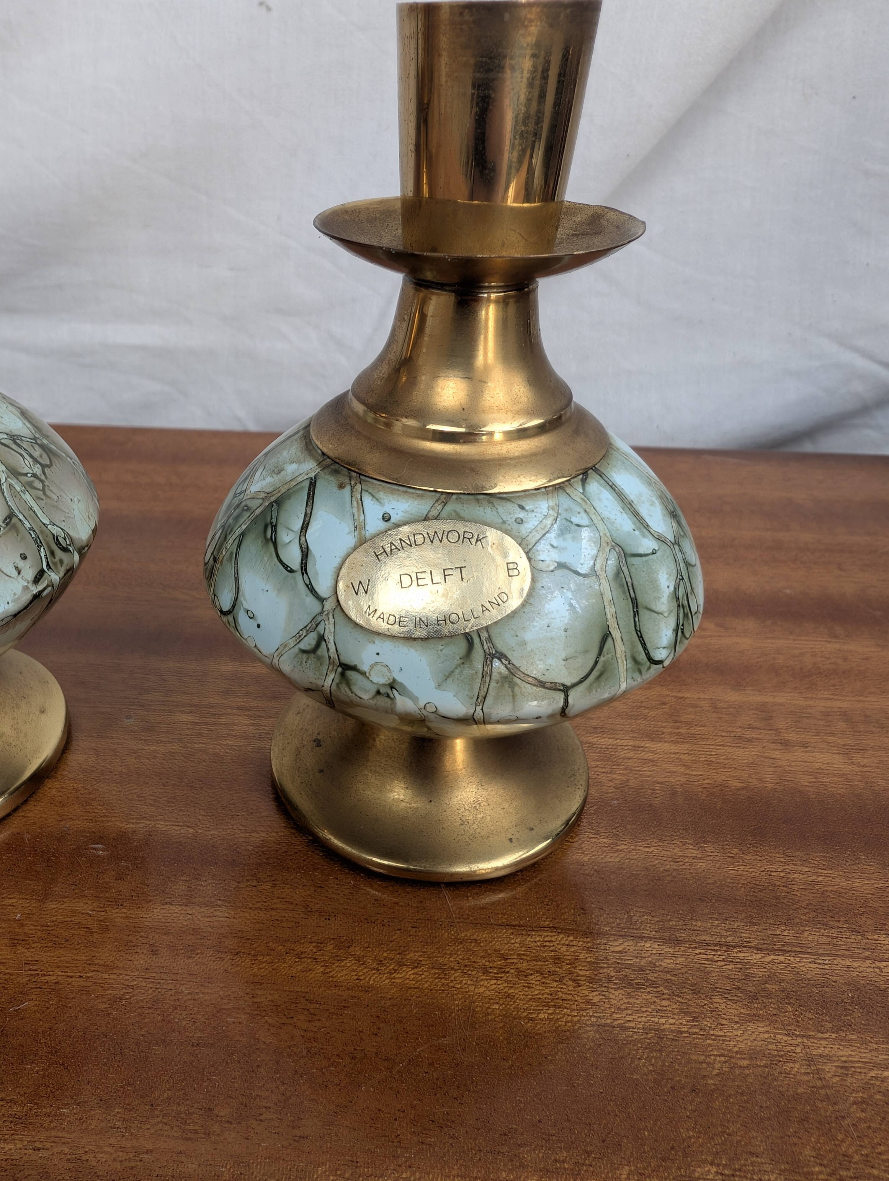 Pair of Art Deco Style Hand Painted Delft Ceramic Candlesticks