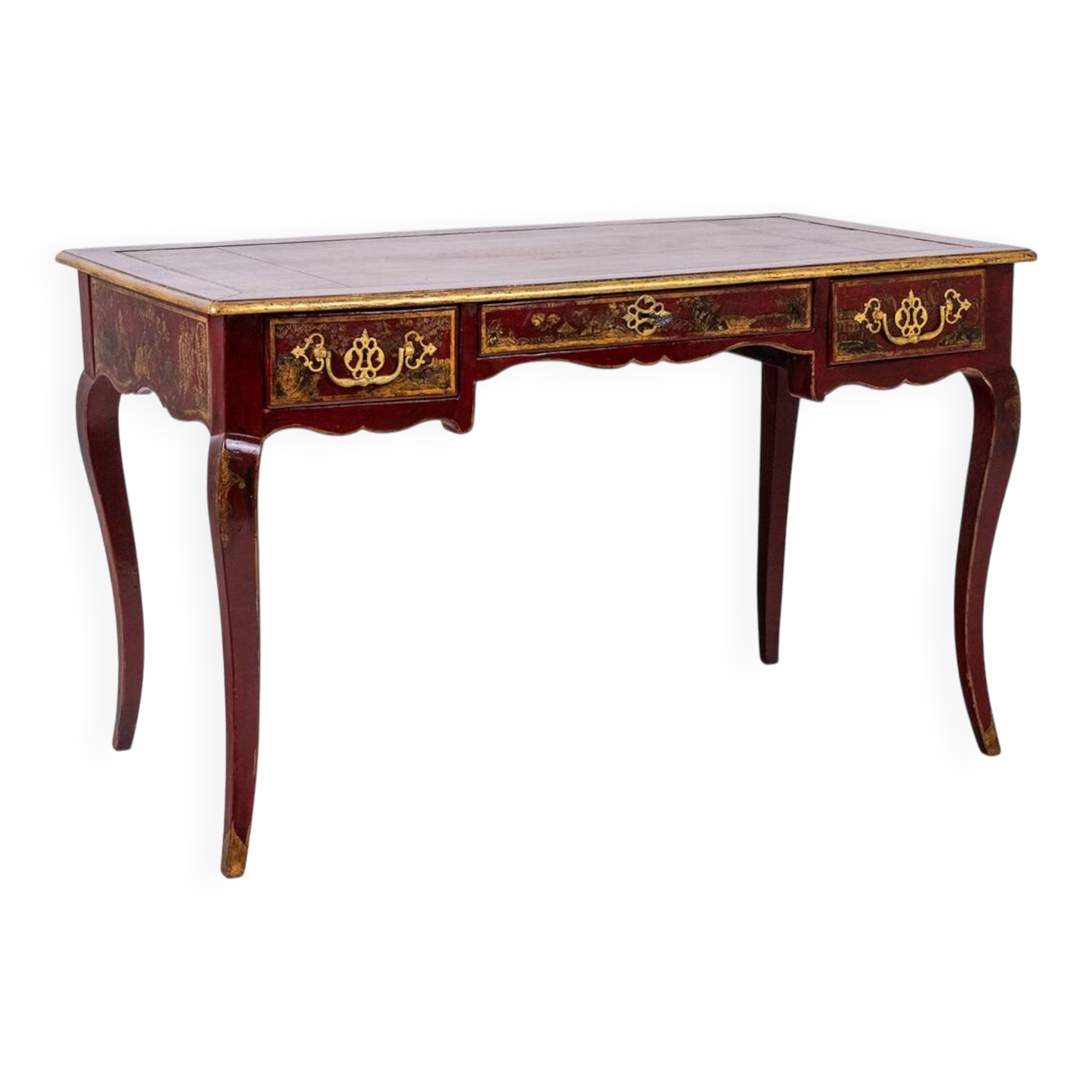 Louis XV style bureau plat with lake scene decoration. Circa 1800.