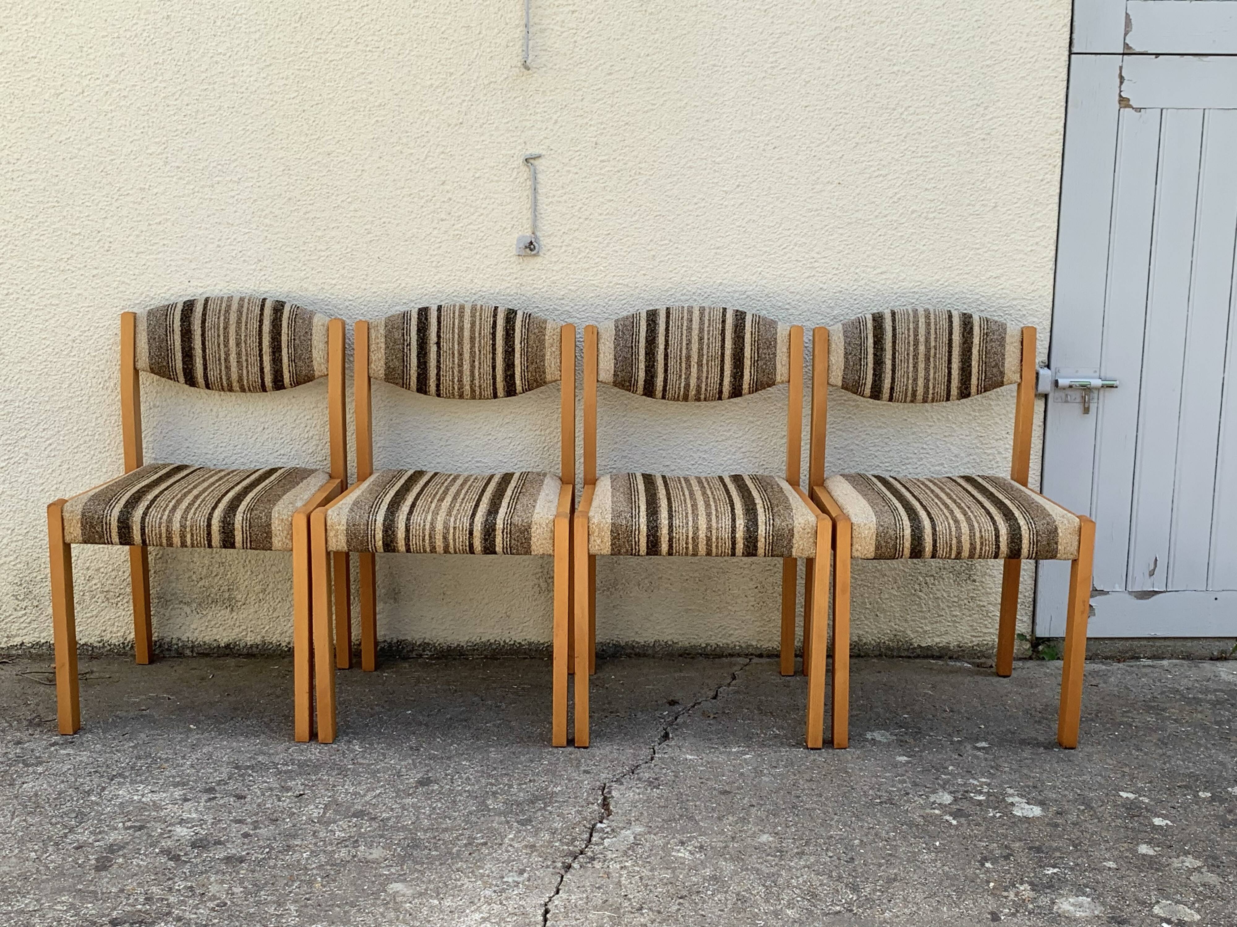 Suite of 4 chairs self beech brass and wool 1960
