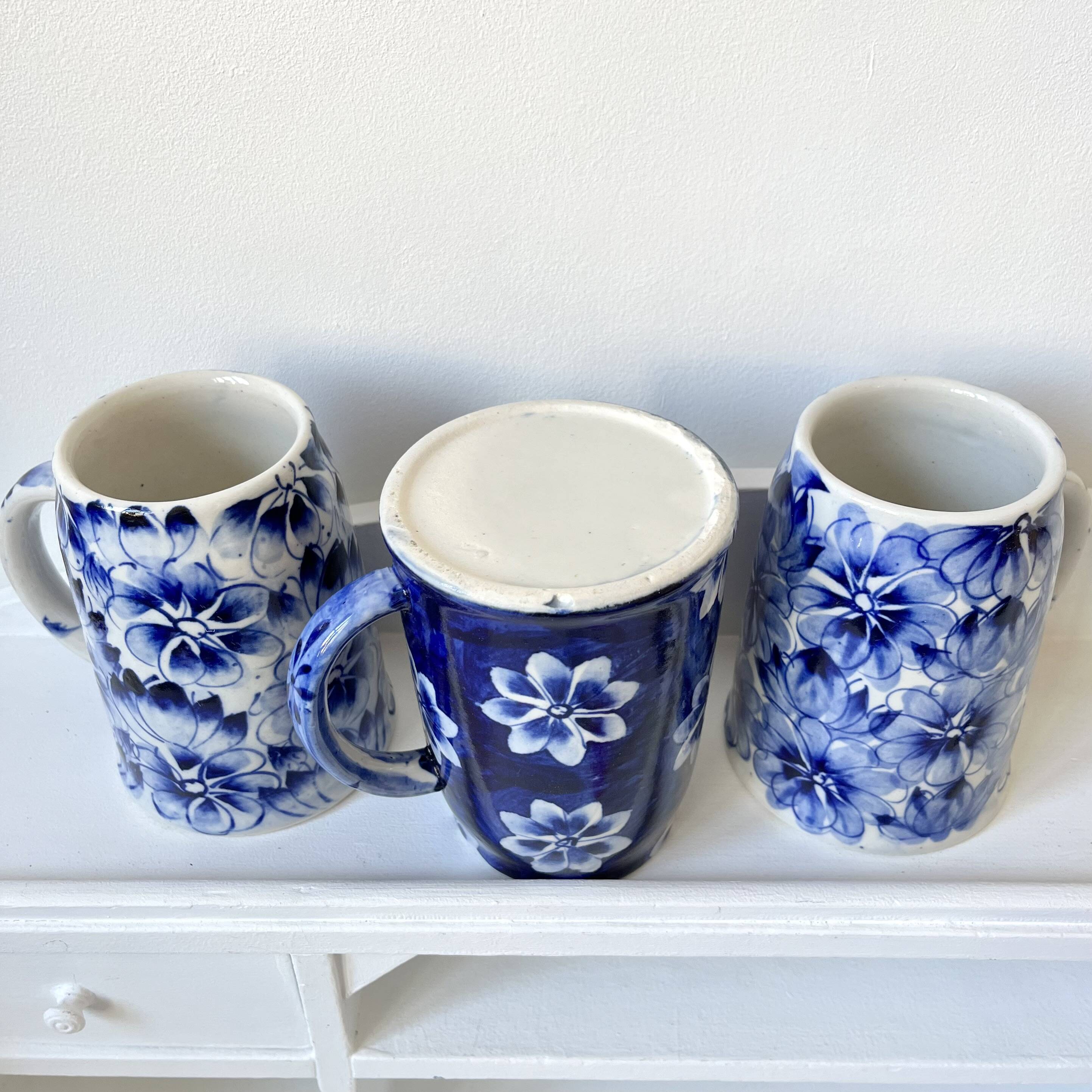 Blue flowered mugs or large tankards