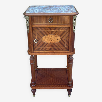 Table de chevet en marqueterie de bois epoque XIX eme siècle
