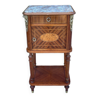 Bedside table in wood marquetry from the 19th century