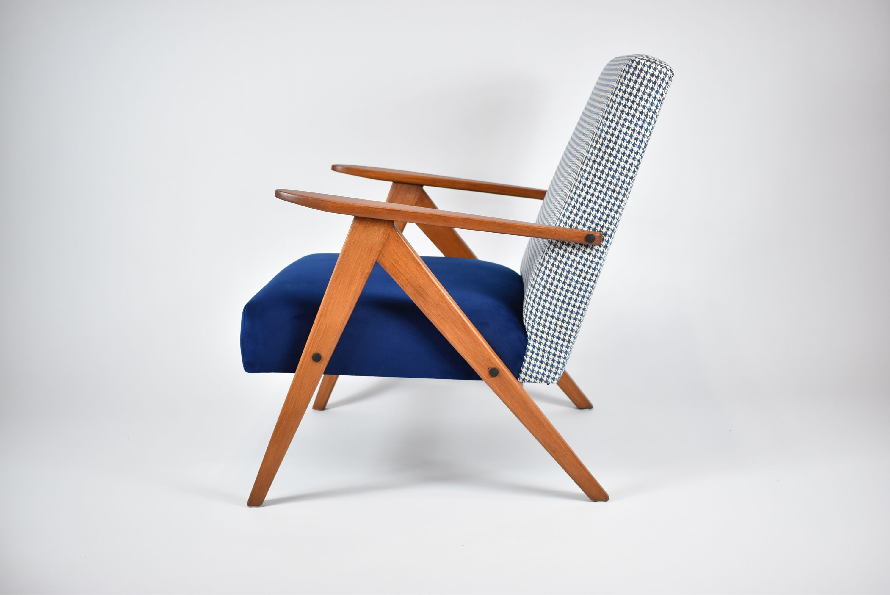 Original restored armchair Compas, 1960s, blue velvet, pied de poule