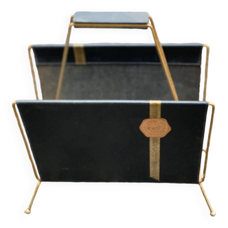 Vintage magazine rack document holder in black leather and gold metal