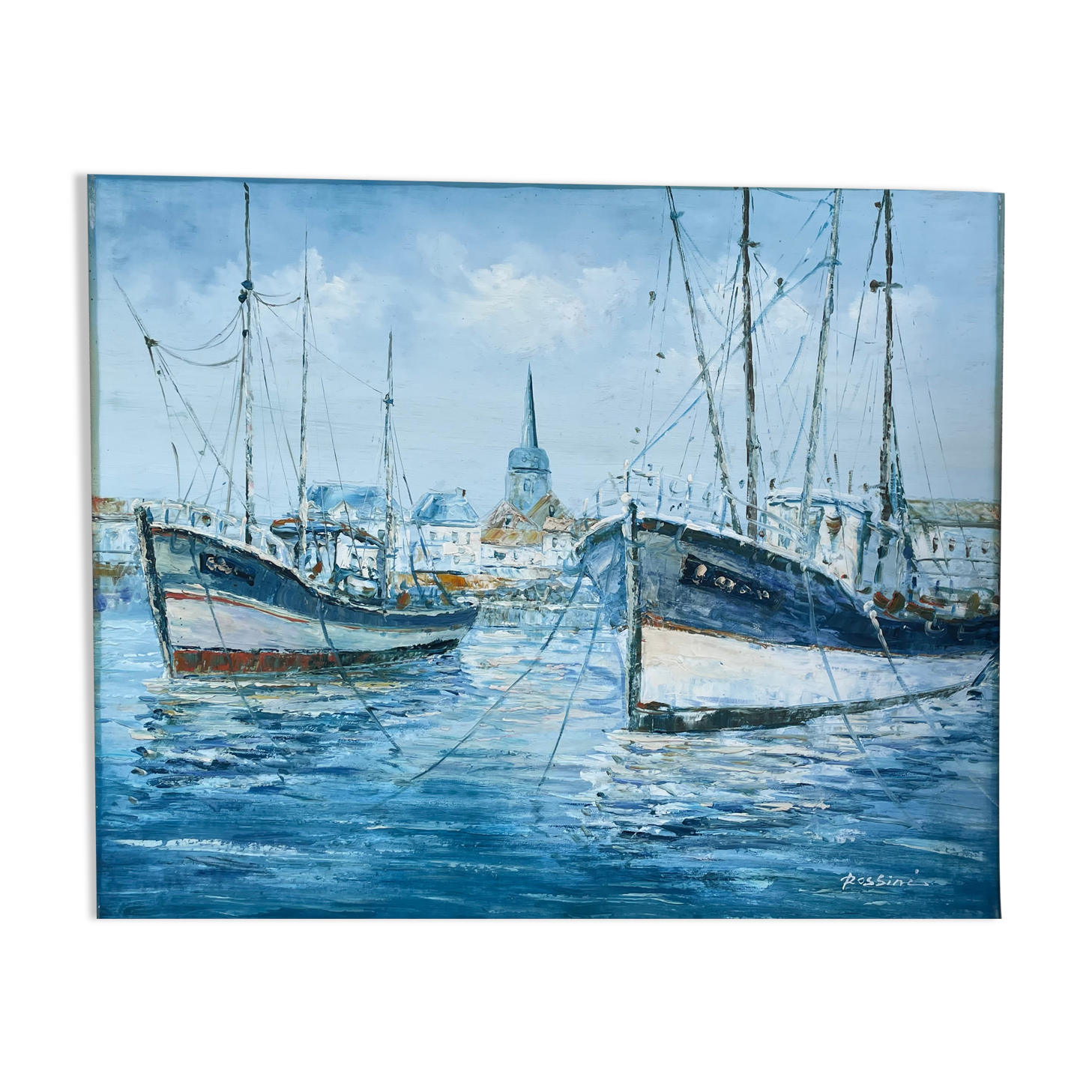 Marine, oil on canvas "Bâteaux les sables d'Olonne" signed Rossini