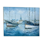 Marine, oil on canvas "Bâteaux les sables d'Olonne" signed Rossini
