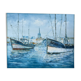 Marine, oil on canvas "Bâteaux les sables d'Olonne" signed Rossini