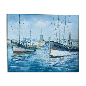 Marine, oil on canvas "Bâteaux les sables d'Olonne" signed Rossini
